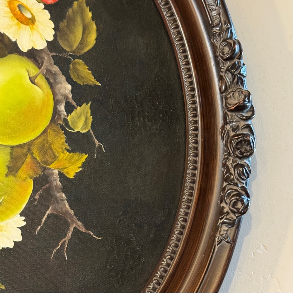 Vintage Ornate Oval Framed Original Oil Painting Apple Strawberry Fruit Floral - Picture 10 of 17